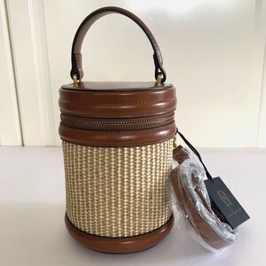 House Of Harlow Small Top Handle Bucket Bag With Strap Round Woven Brown NWT
